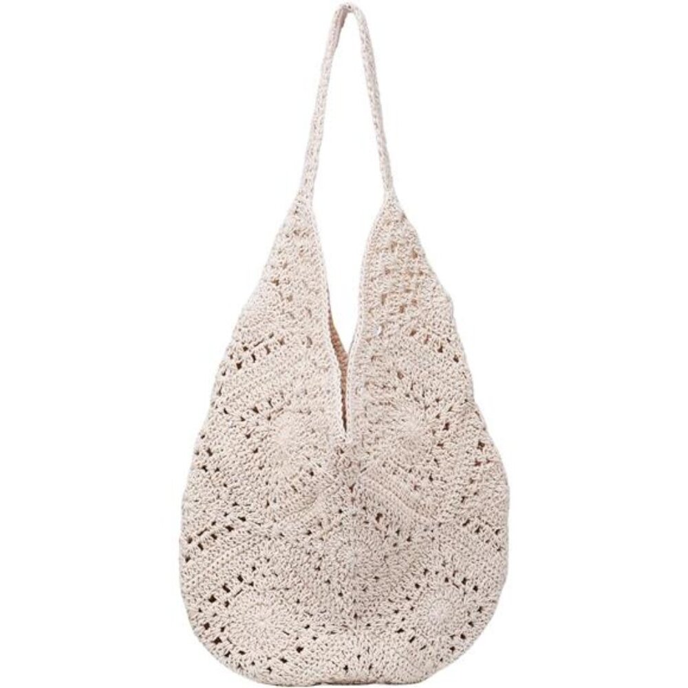 Crochet Beach Bag, Summer Beach Bags for Women Beige - Picture 2 of 7